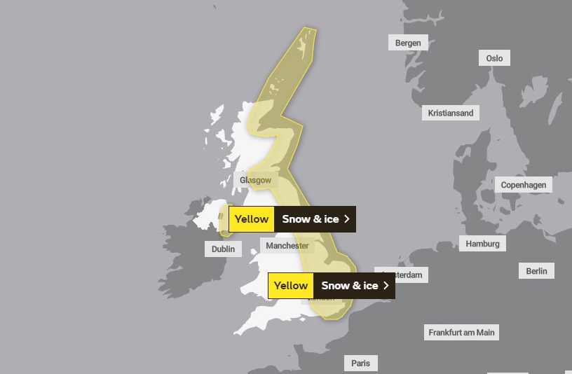 The Met Office weather warning for snow and ice issued on Monday, February 8 Credit: Met Office