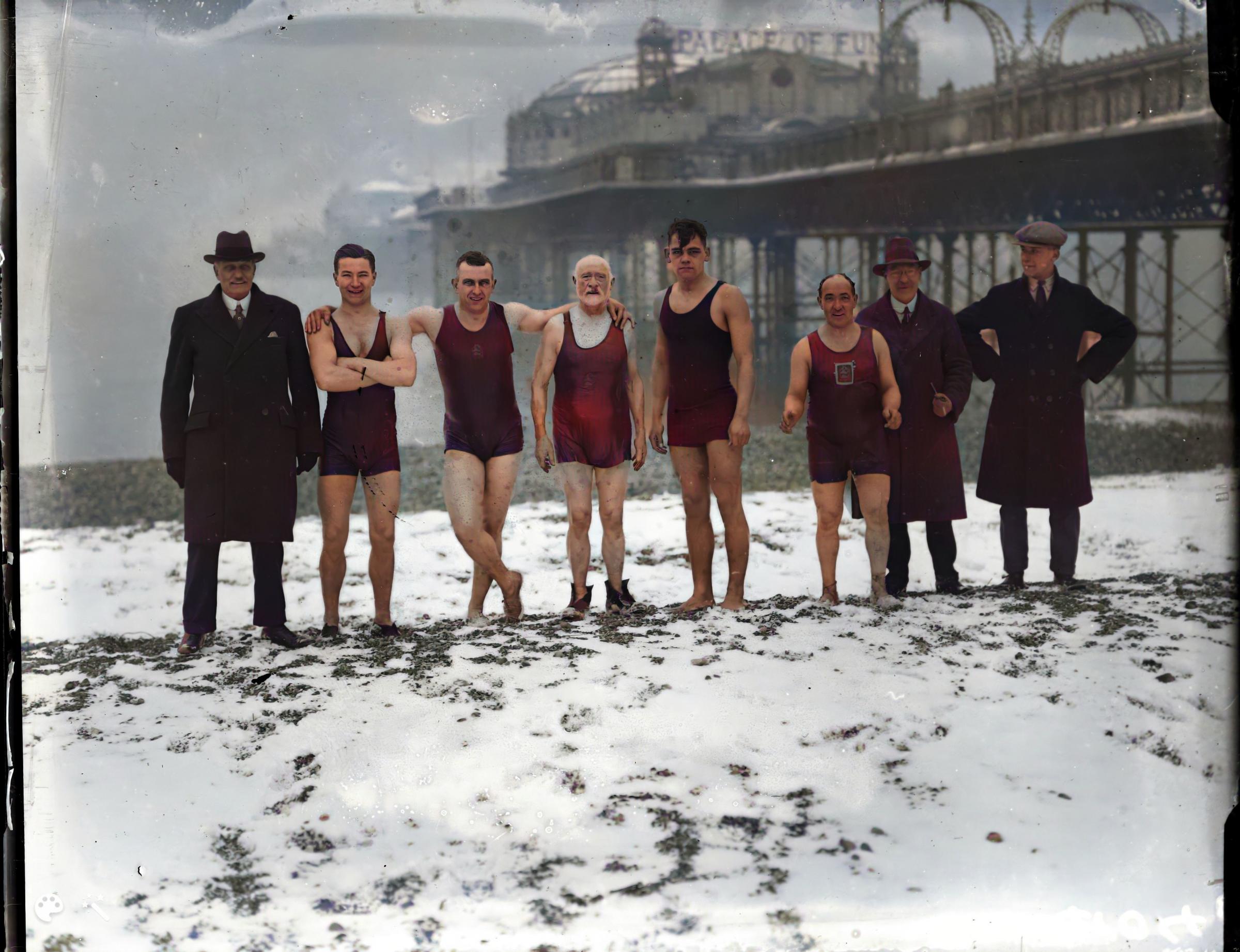 The general consensus is that these are hardy Christmas Day swimmers in Brighton, circa 1929. It’s a scene that has been replicated many times and, while the costumes have changed a lot, the Palace Pier looks reassuringly familiar