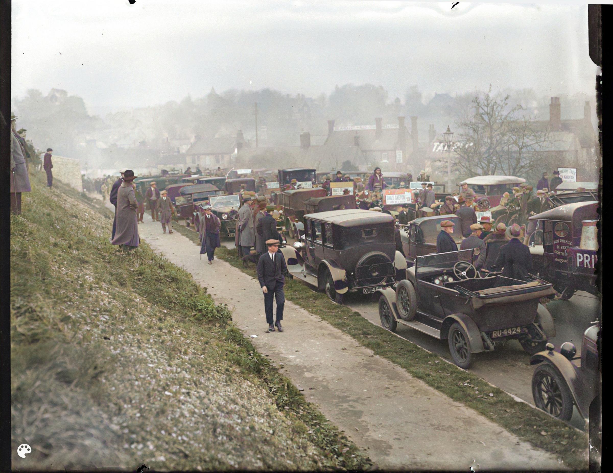 Old Crocks from the London to Brighton car run in about 1929. The cars are pictured at Patcham. This picture was taken from the bank on the left hand side of the A23 facing north and opposite what is now an Esso Garage. The Tamplins sign – look by t