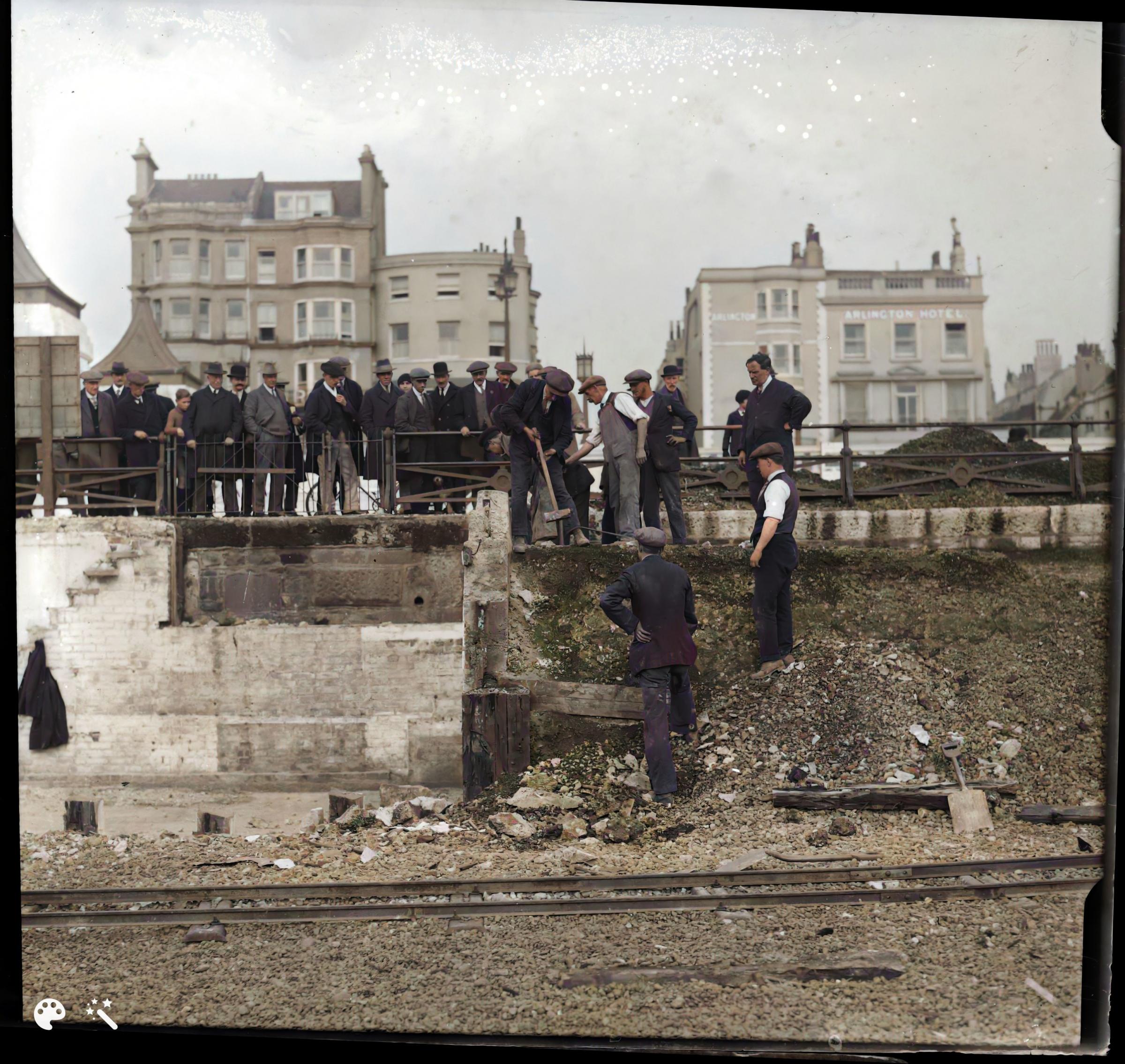 It is thought this is the demolition of the original Volk’s Railway Station on Brighton seafront, the site where the Aquarium now stands