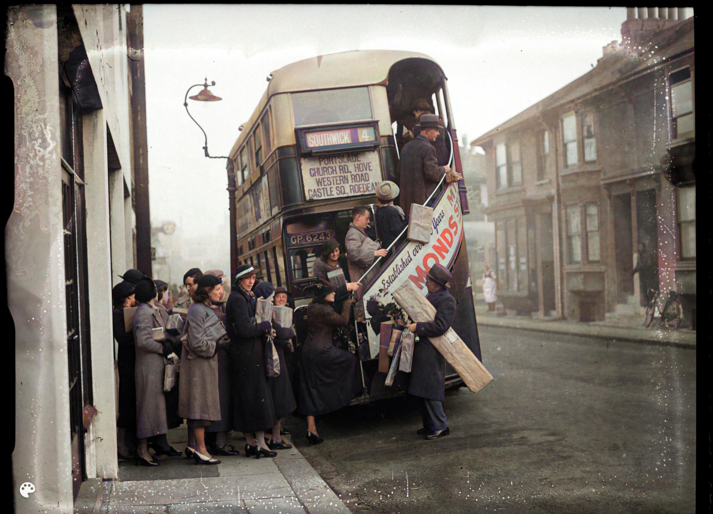 Passengers boarding the number 4 bus in Conway Street, Hove, 1936