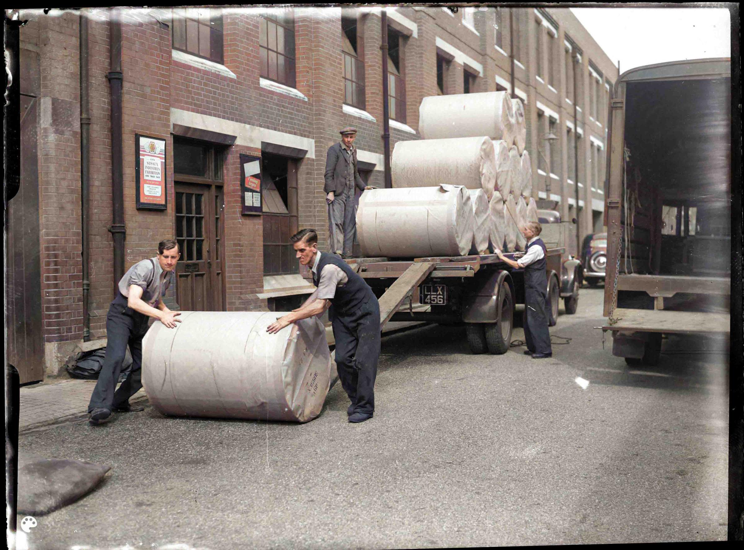 Unloading newsprint outside the Argus offices in Kensington Street, Brighton, in about 1936