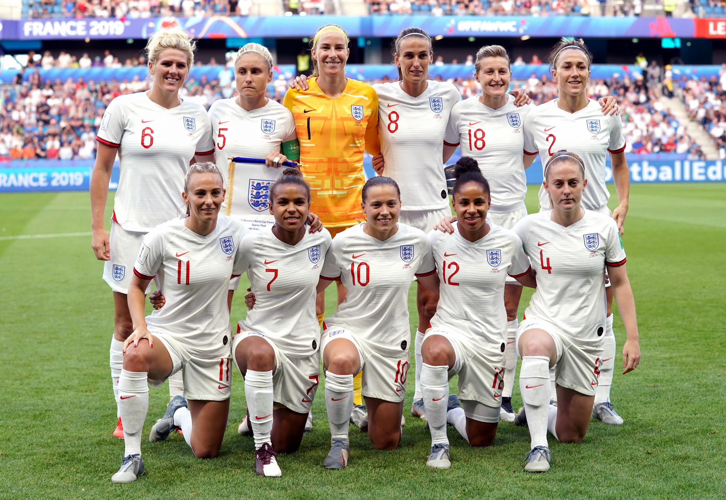File photo dated 27-06-2019 of Englands Millie Bright, Steph Houghton, Karen Bardsley, Jill Scott, Ellen White and Lucy Bronze. Toni Duggan, Nikita Parris, Fran Kirby, Demi Stokes and Keira Walsh..