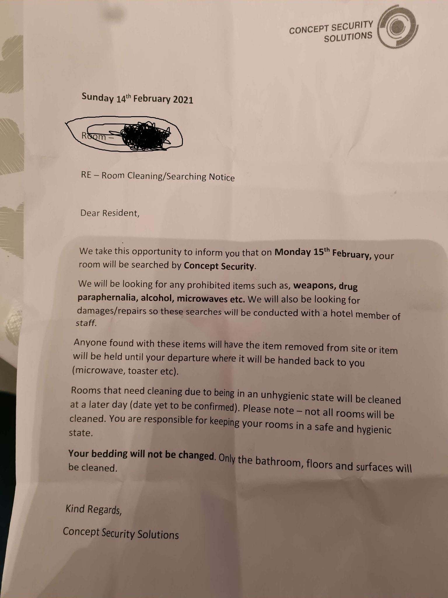 The letter sent to residents 