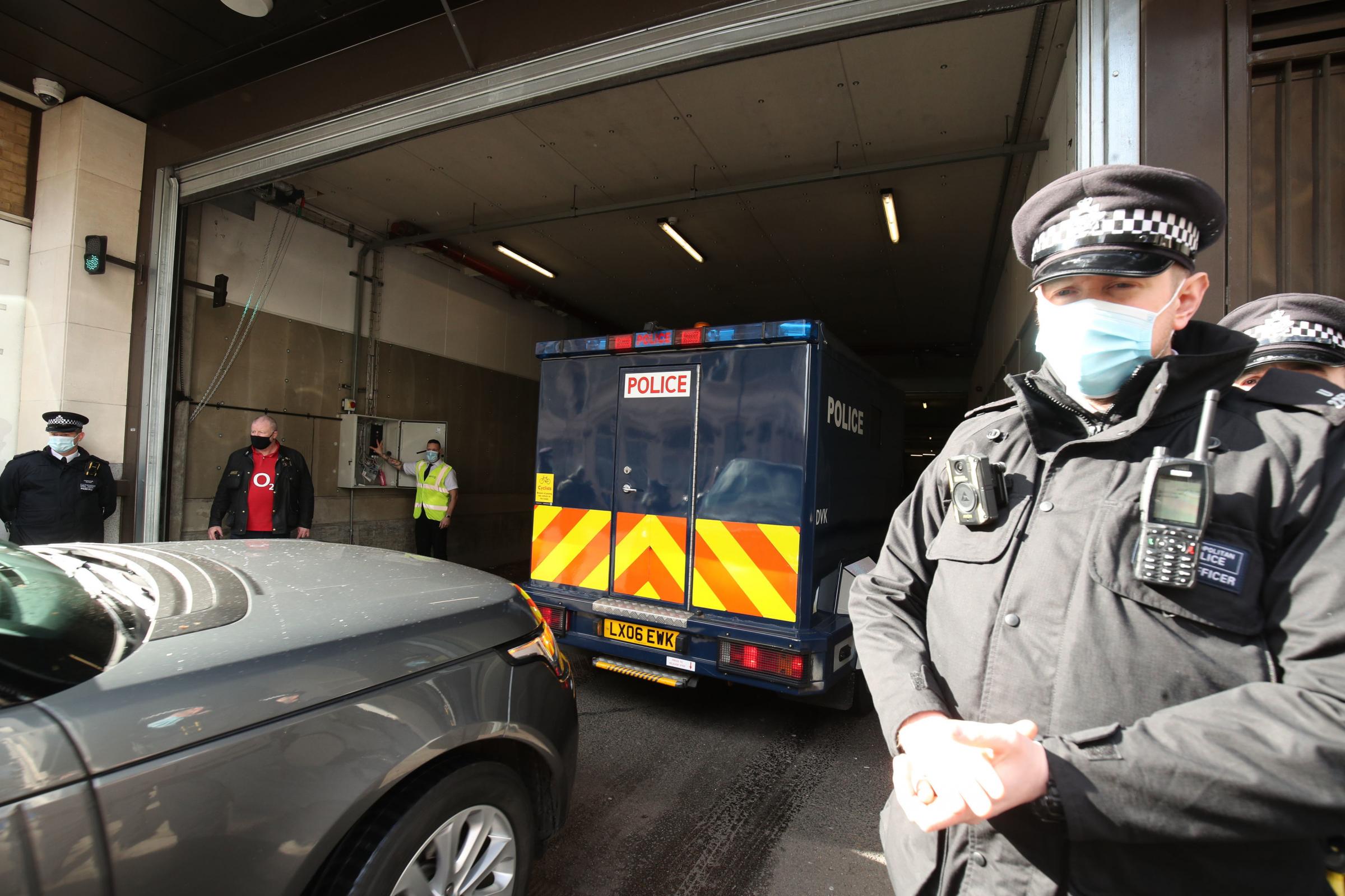 A police van arrives at Westminster Magistrates Court, in London, where serving police constable Wayne Couzens is to appear charged with murder and kidnapping related to the death of Sarah Everard. Picture date: Saturday March 13, 2021. PA Photo.