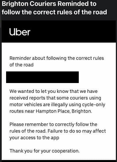 Uber Eats drivers have been reminded of road rules after drivers were spotted flouting them in Brighton