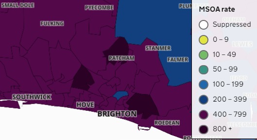 Areas across Brighton and Hove recorded much higher coronavirus rates in January, as shown in this map