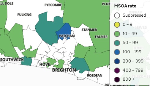A map shows the latest coronavirus rates per 100,000 population in areas across Brighton and Hove