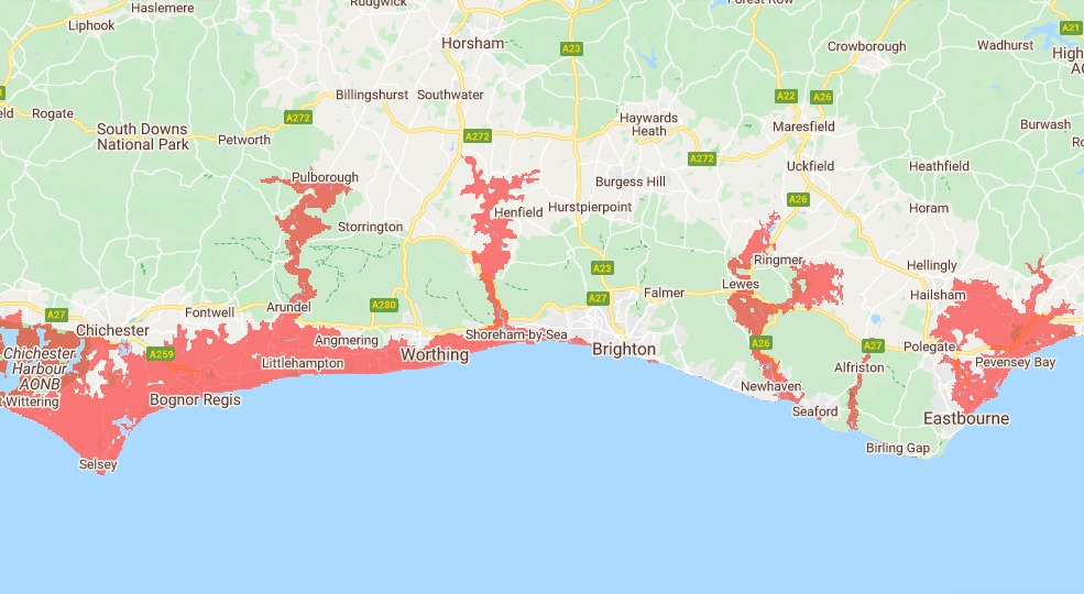 The areas of Sussex which could be underwater by 2050 Credit: Climate Central