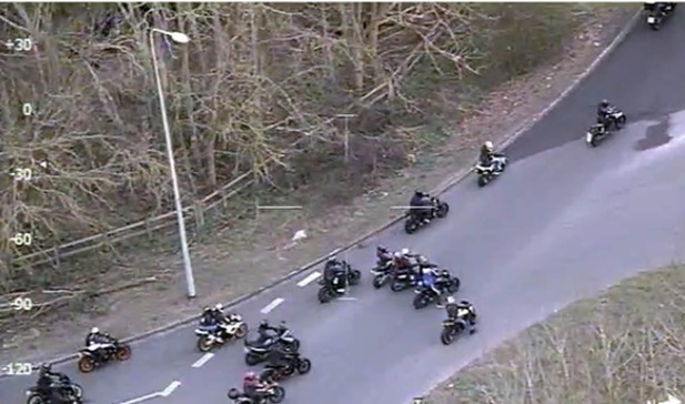 Four arrests were made as a police helicopter was scrambled to intercept 80 motorbike riders travelling dangerous in Maresfield, Sussex