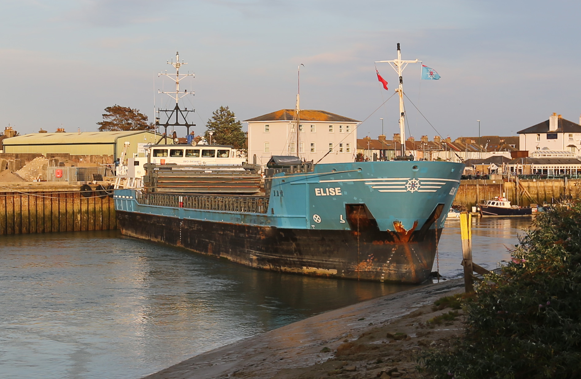 Littlehampton Harbour has provided an update on the cargo ship Elise which became stuck diagonally accross the River Arun yesterday morning, causing many people to make comparisons with the Suez Canal incident Credit: Eddie Mitchell