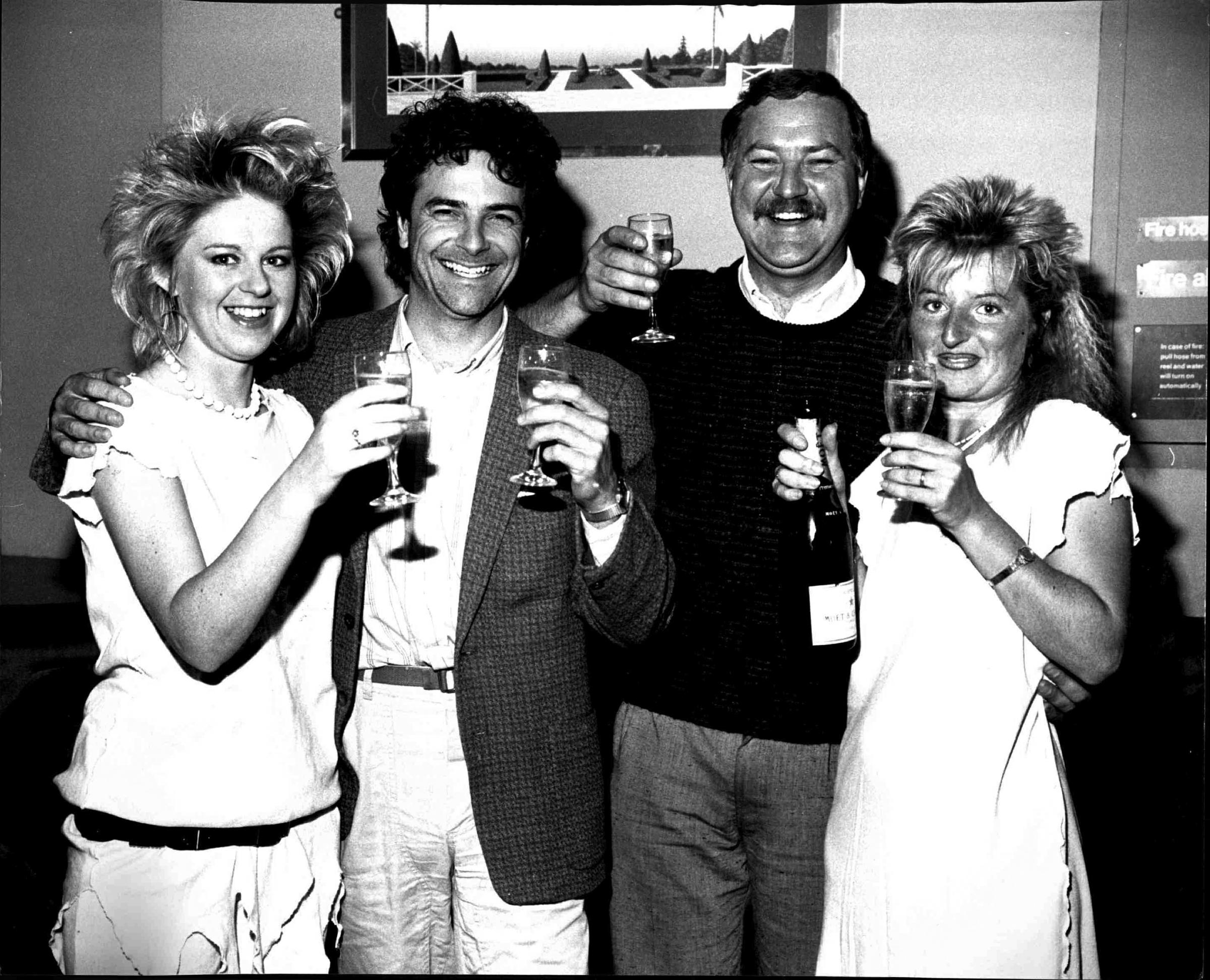 Hazel Evans, Brian Capron, Dave Rimmer, Sue Boswood at the Pink Coconut nightclub’s second anniversary celebrations in June 1985