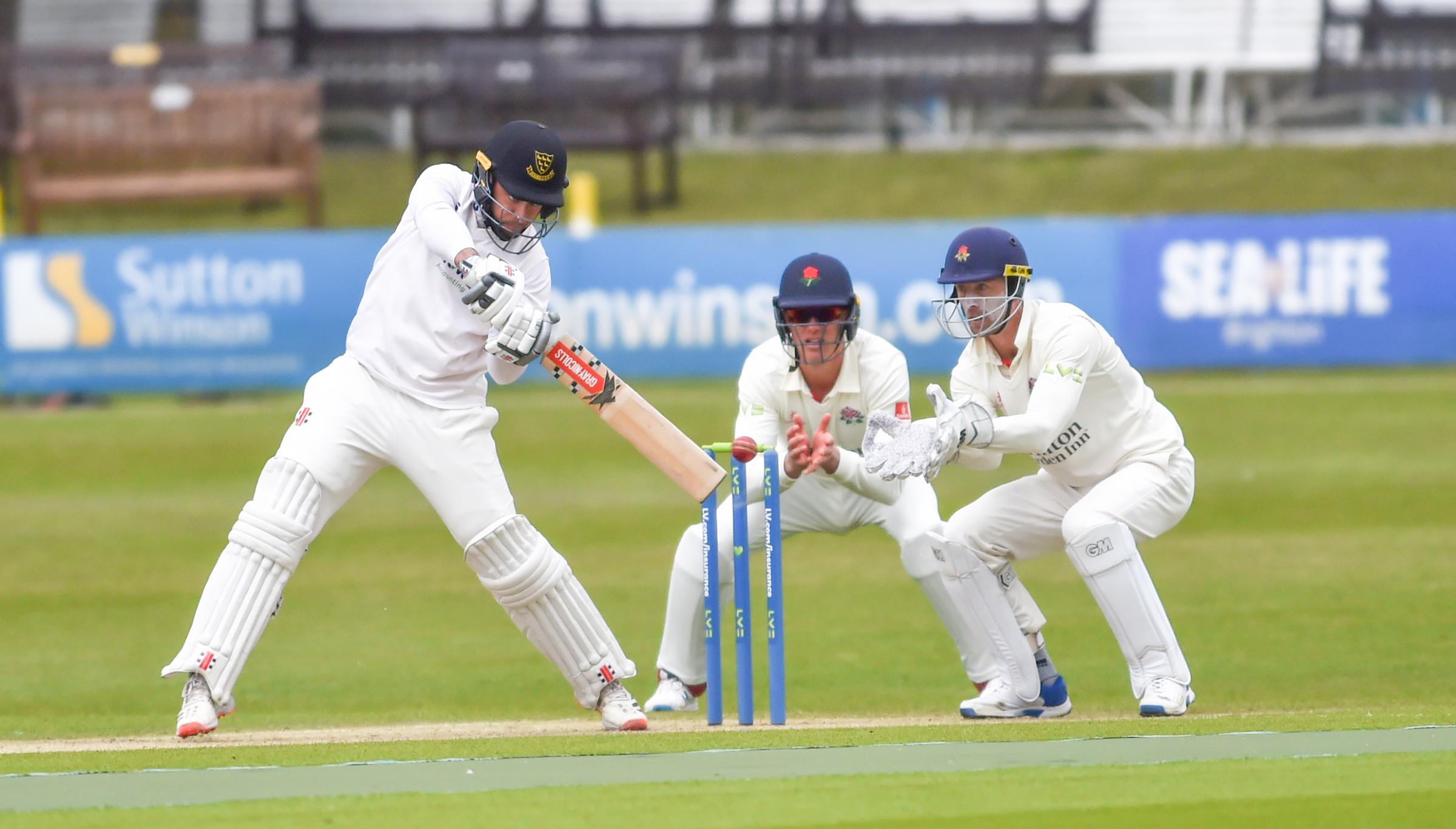 Hove UK 29th April 2021 - Tom Haines batting for Sussex against Lancashire on the first day of their LV= Insurance County Championship match at The 1st Central County Ground in Hove . : Credit Simon Dack / Alamy Live News......