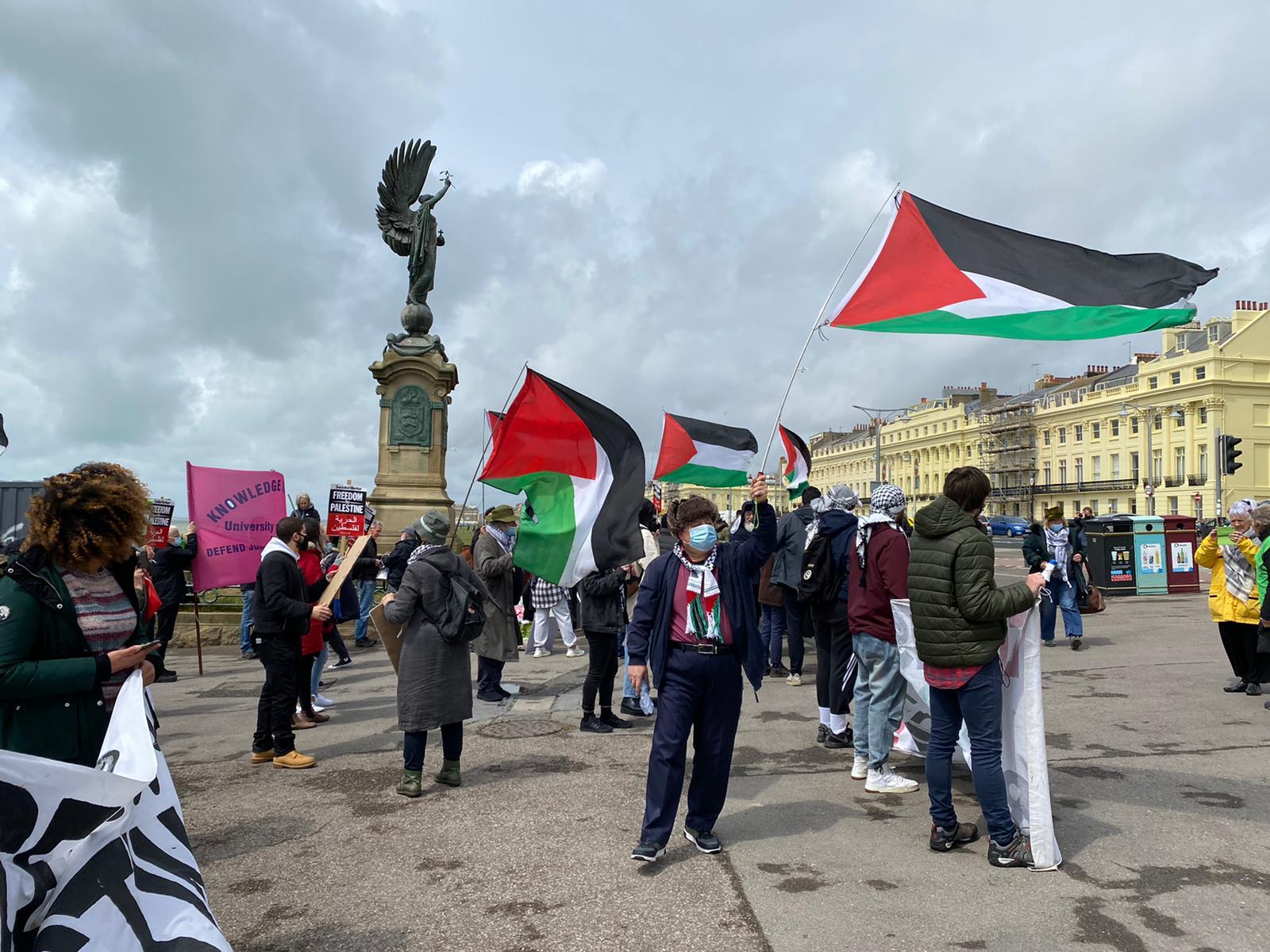 Demonstrators gathered at the Peace Statue at Hove Lawns to raise their concerns about Israeli air strikes during the recent conflict with Hamas in Gaza