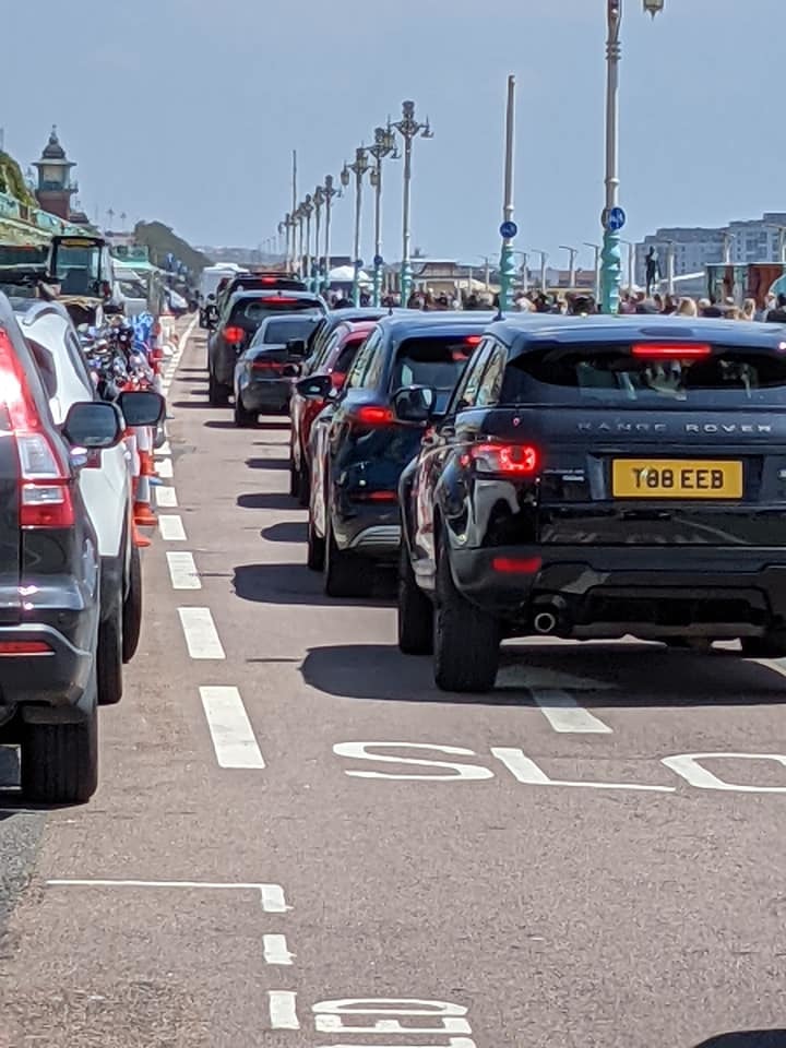 The queue of cars along Madeira Drive
