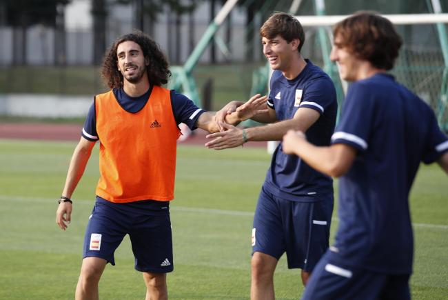 Brighton target Marc Cucurella, left of picture, trains with Spain at the Tokyo Olympics