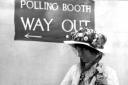 Suffragette Emmeline Pankhurst in a Polling Booth circa 1910.  She was one of the leaders of the movement to secure votes for women..