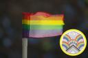 (Background) Pride flag. (PA) (Circle) 50p coin to mark 50 years of Pride. ( Royal Mint)