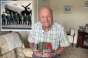 George Dunn, pictured, celebrated his 100th birthday last week. Inset shows George in the middle of his flight crew in 1943