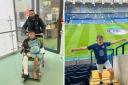 Football-mad Freddie, 12, was hit by a car in Woodingdean last month. Left, Freddie and his dad leaving the Royal Alexandra in Brighton. Right, at Chelsea's ground Stamford Bridge