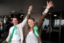 Caroline Lucas celebrating her election win in 2010 outside the Brighton Centre with her husband Richard