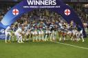 Carl Rushworth (dark blue shirt, centre, back) and England Under-21s celebrate Euro glory