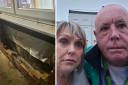 Mark and Elaine Gretton have been left with a £5,000 bill after their electric car's brakes 'failed' and it crashed into their home. Left, the damage to the home