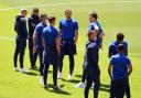England players check the pitch at Wembley ahead of their Euro 2020 game against Croatia