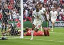 Raheem Sterling celebrates after putting England ahead against Germany at Wembley