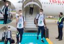 Robert Sanchez, right of picture, and the Spain squad arrive in England