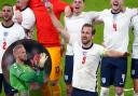 Harry Kane and England celebrate while Kasper Schmeichel applauds the Danish fans
