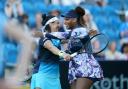 Ons Jabeur, left, and Serena Williams celebrate victory after their ladies doubles match yesterday on day five of the Rothesay International Eastbourne at Devonshire Park: credit - PA