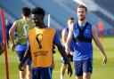 Bukayo Saka and Jordan Henderson during a training session before England's World Cup clash with Wales