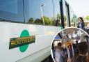 Bus passengers, inset, crammed after Southern services disrupted