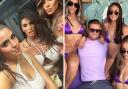 Katie Price, pictured with her friends, left, and Carl Woods, pictured with bikini clad women, right, have broken up