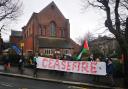 Protesters called for a ceasefire in the Israel-Hamas conflict outside the Labour campaign launch event