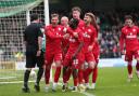 Worthing celebrate their opening goal in the win at Yeovil