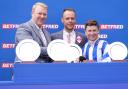 Oisin Murphy (right) during the presentation for the Betfred Diomed Stakes after a winning ride on Seagulls Eleven at Epsom