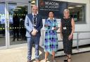 Beacon Academy Headteacher Mr Keith Slattery, Nusrat Ghani MP and Amanda Dennis, Head of Estates.