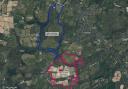 The site for the now approved parkland reserve (outlined in blue) alongside the site for the linked refused housing development (outlined in pink).