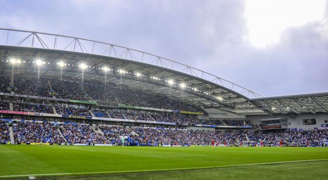 Fans enjoy being back at the Amex Stadium during the Premier League match between Brighton and Hove Albion and Watford at the American Express Stadium  , Brighton , UK - 21st August 2021 - Credit Simon Dack..Editorial use only. No merchandising. For