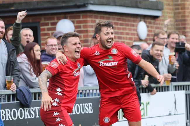 Worthing's players celebrate as they put four past four past Bowers and Pitsea. Picture: Marcus Hoare