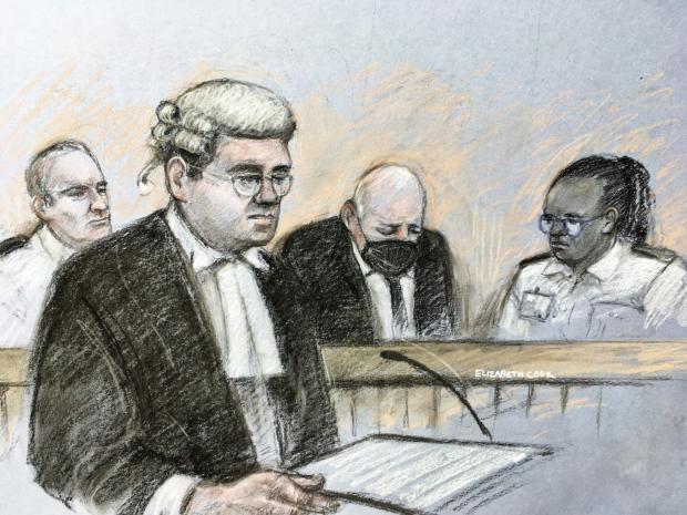 The Argus: Court artist sketch by Elizabeth Cook of prosecutor Tom Little QC speaking as former Metropolitan Police officer Wayne Couzens, 48, sits in the dock at the Old Bailey. (PA)