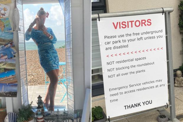 The Argus: Michele on the left. Sign on the right advising not to park in the Waterfront residential area.