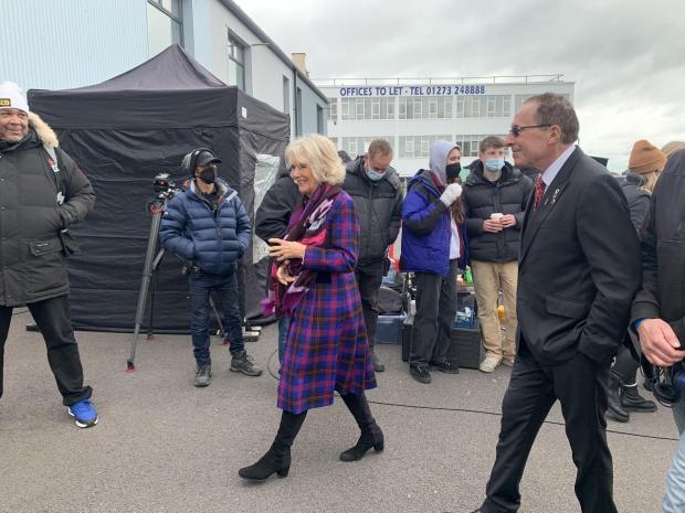 The Argus: The Duchess of Cornwall and Peter James at Shoreham Port today.
