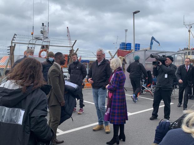 The Argus: Left is Richie Campbell who plays DS Glen Branson, centre is Kiaran Murray-Smith who is producer, and right is the Duchess of Cornwall.