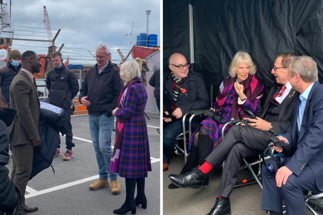 Camilla, Duchess of Cornwall, visits behind-the-scenes of Grace filming to meet Richie Campbell, Peter James, John Simm and Kiaran Murray-Smith who is producing the series.