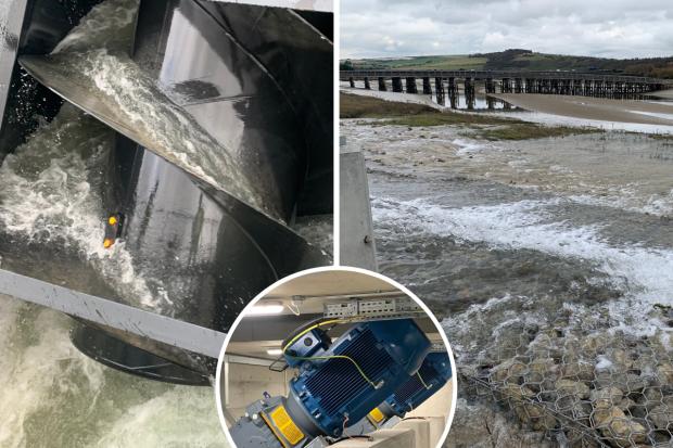 The Argus: The Archimedes screw pump in action and the water draining into the River Adur, inset shows one of the massive electric motors.