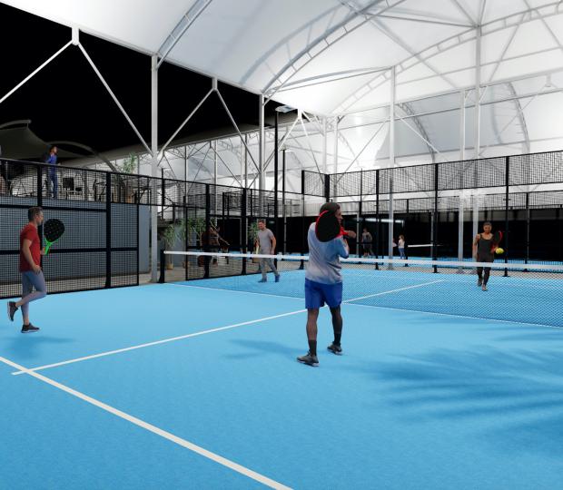The Argus: Padel Render 1: Padel is played with four players in a glass-enclosed court about one-third the size of a tennis court. 