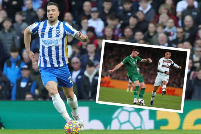Shane Duffy shows poise on the ball for Brighton and, inset, against Cristiano Ronaldo
